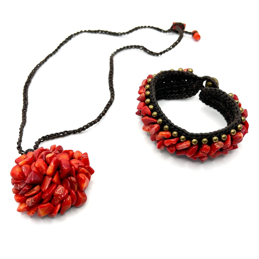 Vintage 90s Genuine Coral Red Nugget Pendant Necklace Bracelet Cuff Set